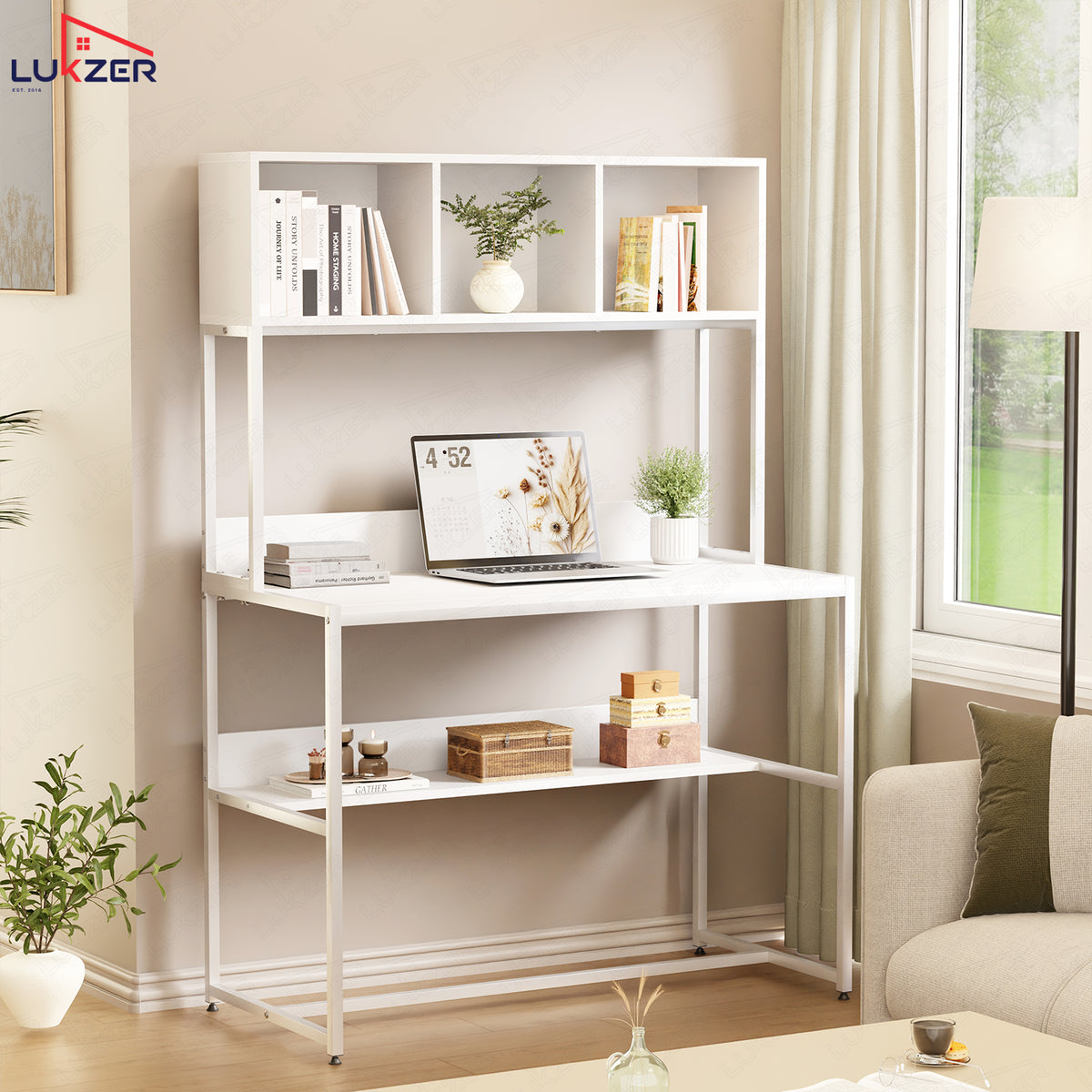 Lukzer Wooden & Metal Study Desk with 3 Storage Shelf & Open Bookshelf for Home (MST-011/White & White)