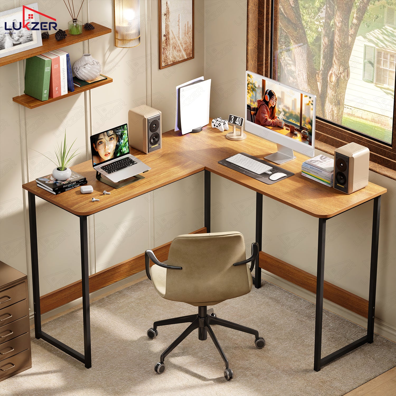Lukzer Engineered Wood L-Shaped Corner Study and Computer Table for Home or Office (MST-007) Black & Oak Brown