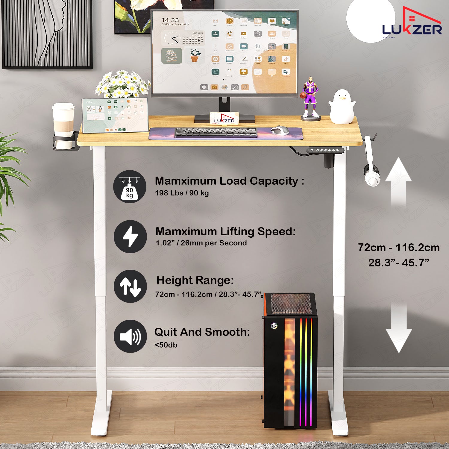 Lukzer Electric Automatic Height Adjustable Sit Stand Desk EST-003 ( White & Oak Light )