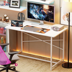 Lukzer Engineered Wood Study Table with X-Support Metal Frame & Adjustable Footpad (MST-009/White & White)