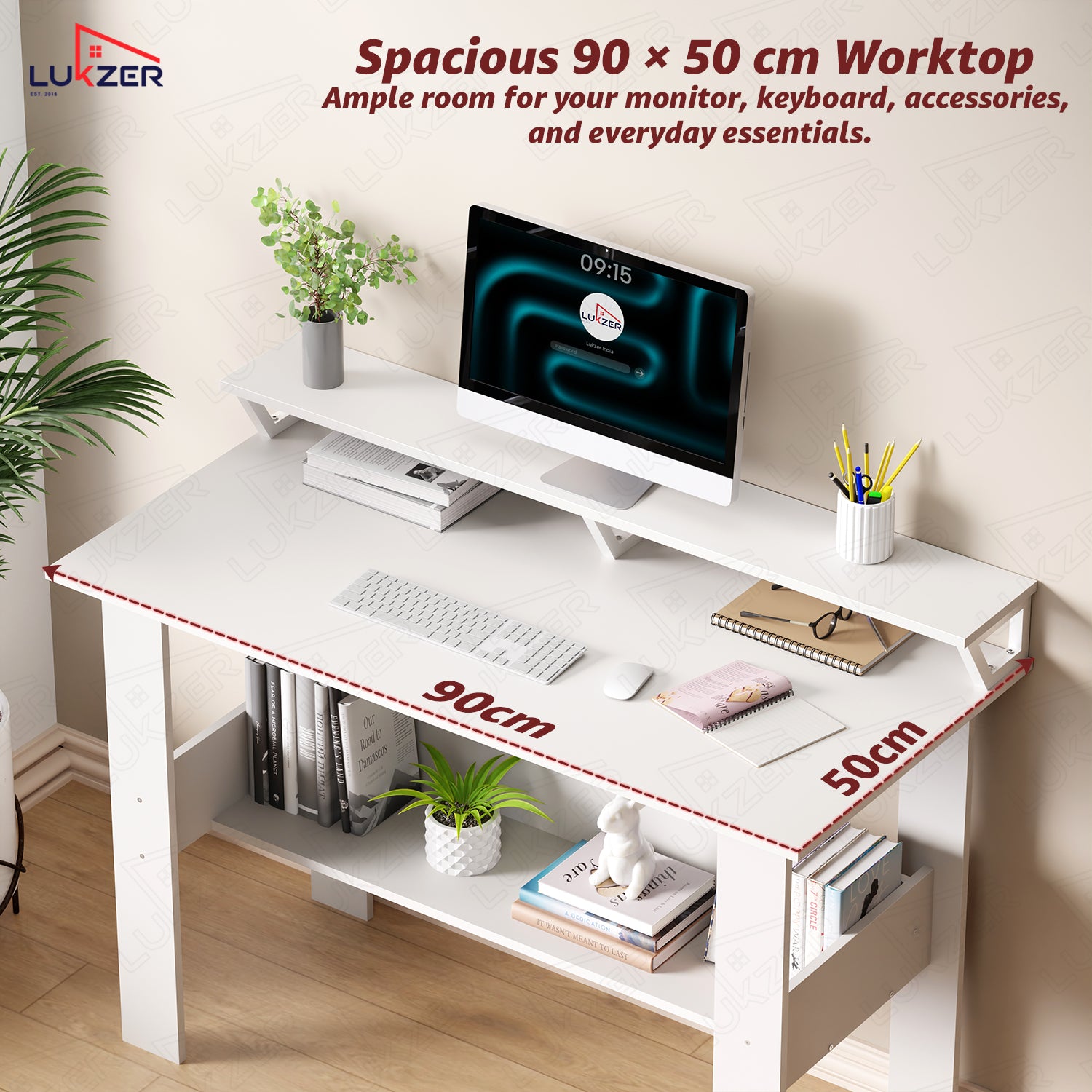 Lukzer Study Table with Monitor Riser & Open Book Shelf (MST-004/White)