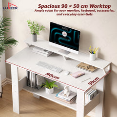 Lukzer Study Table with Monitor Riser & Open Book Shelf (MST-004/White)