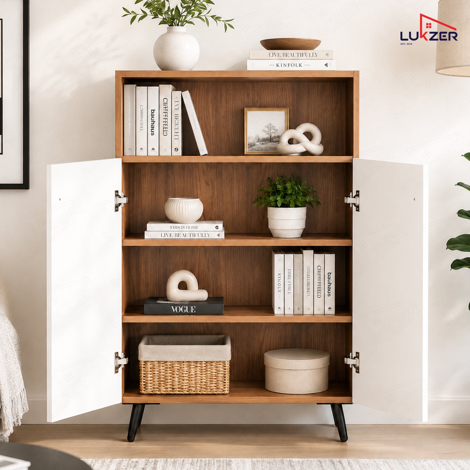 Lukzer Wooden Book Shelf & Storage Cabinet with White Doors (MR-034/Oak Brown)