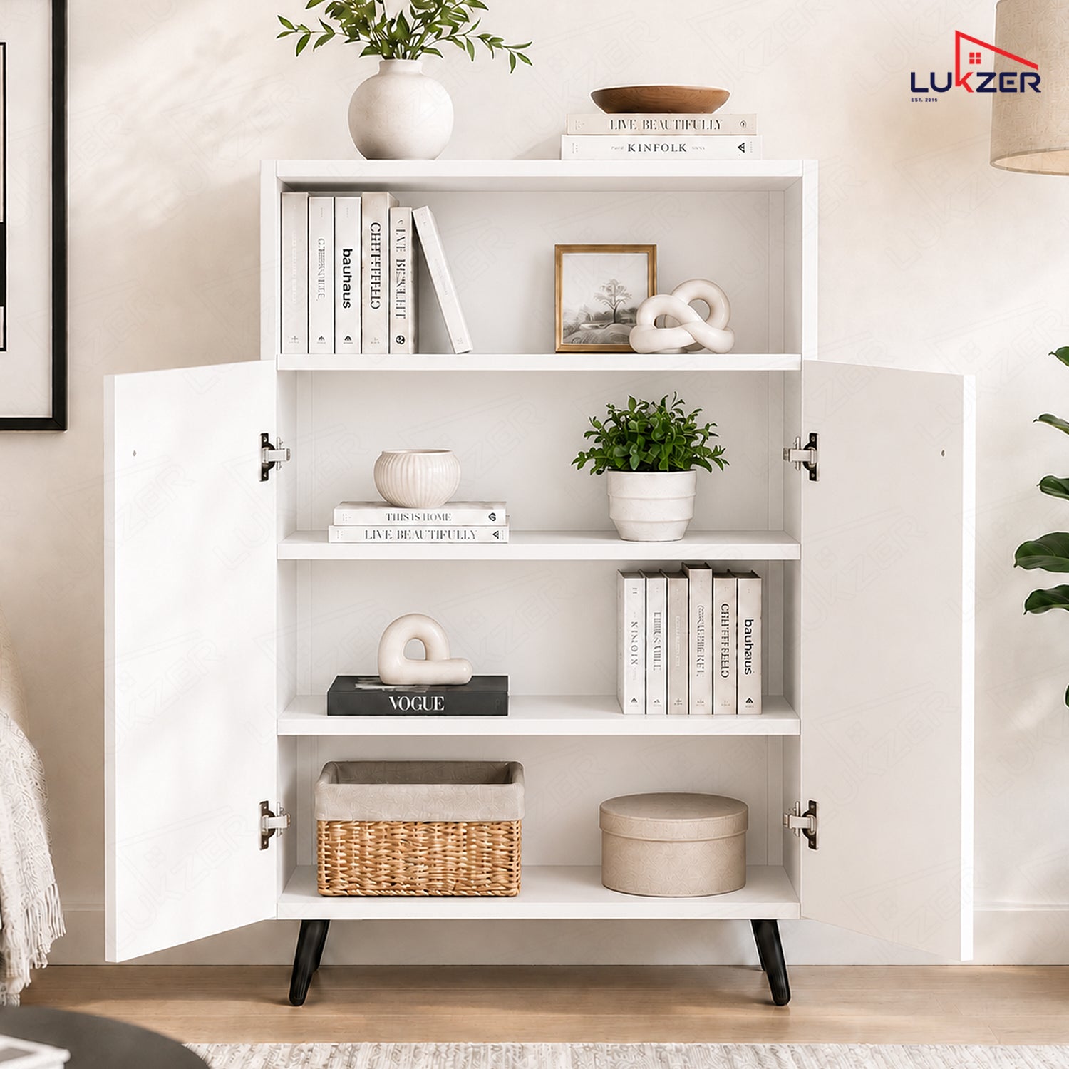 Lukzer Wooden Book Shelf & Storage Cabinet with White Doors (MR-034/White)