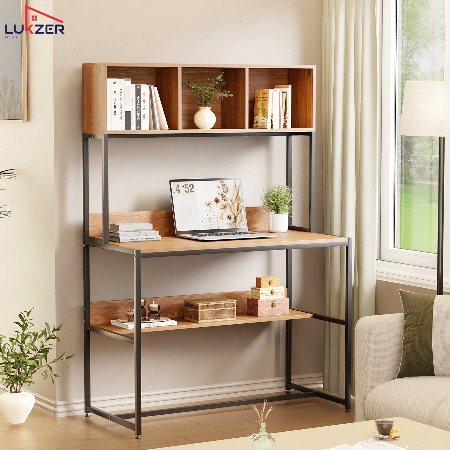 Lukzer Wooden & Metal Study Desk with 3 Storage Shelf & Open Bookshelf for Home (MST-011/Black & Oak Brown)
