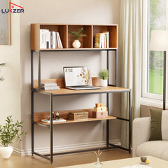 Lukzer Wooden & Metal Study Desk with 3 Storage Shelf & Open Bookshelf for Home (MST-011/Black & Oak Brown)
