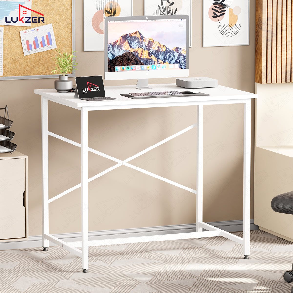 Lukzer X-Support Metal Frame & Engineered Wood Study Table for Home & Office (MST-008) white & white