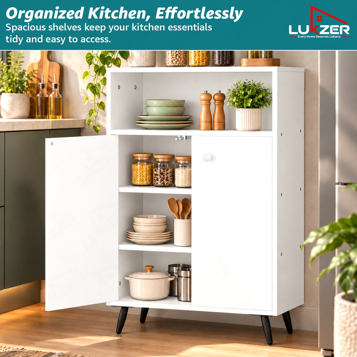 Lukzer Wooden Book Shelf & Storage Cabinet with White Doors (MR-034/White)
