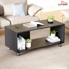 Lukzer Engineered Wood Center Table with Wheels Open Storage Desk (CT-003/Black)