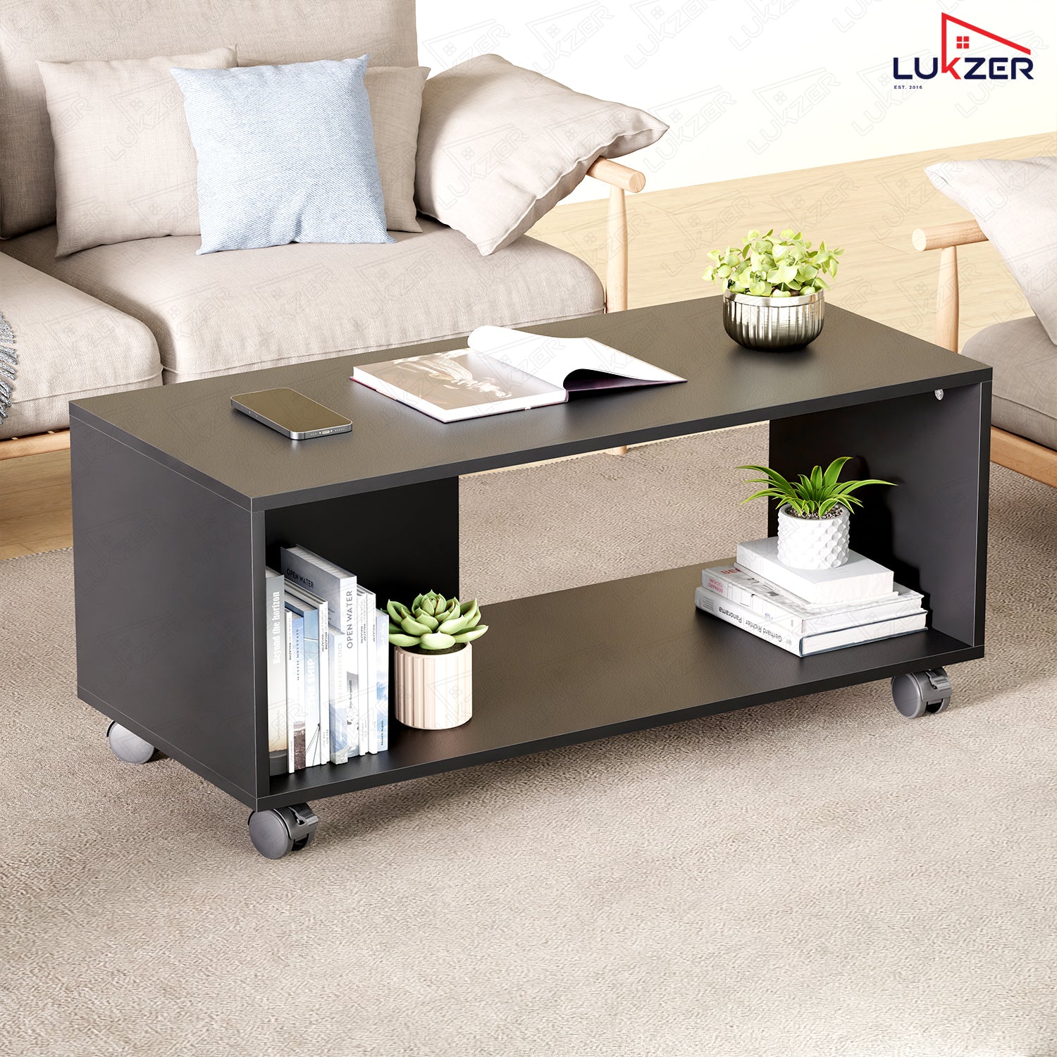 Lukzer Engineered Wood Center Table with Wheels Open Storage Desk (CT-003/Black)