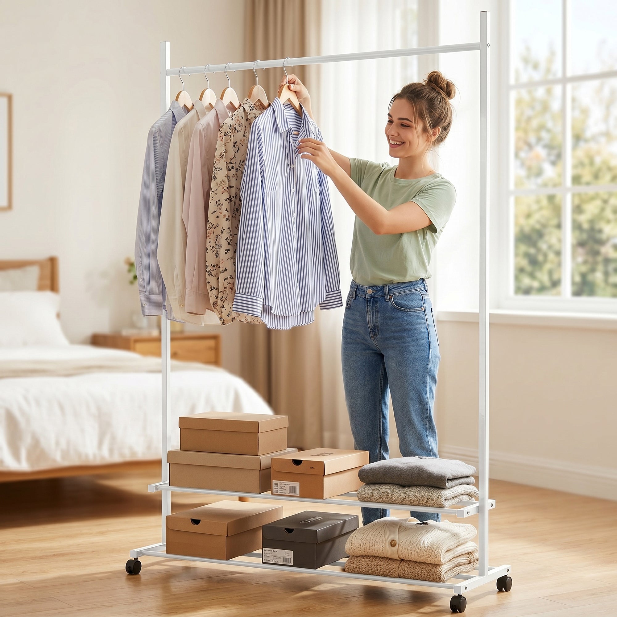 Lukzer Single Rod Metal Garment Rack with Wheels & 2 Bottom Shelves (White)