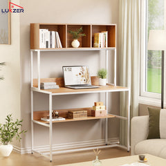 Lukzer Wooden & Metal Study Desk with 3 Storage Shelf & Open Bookshelf for Home (MST-011/White & Oak Brown)