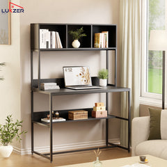 Lukzer Wooden & Metal Study Desk with 3 Storage Shelf & Open Bookshelf for Home (MST-011/Black & Black)