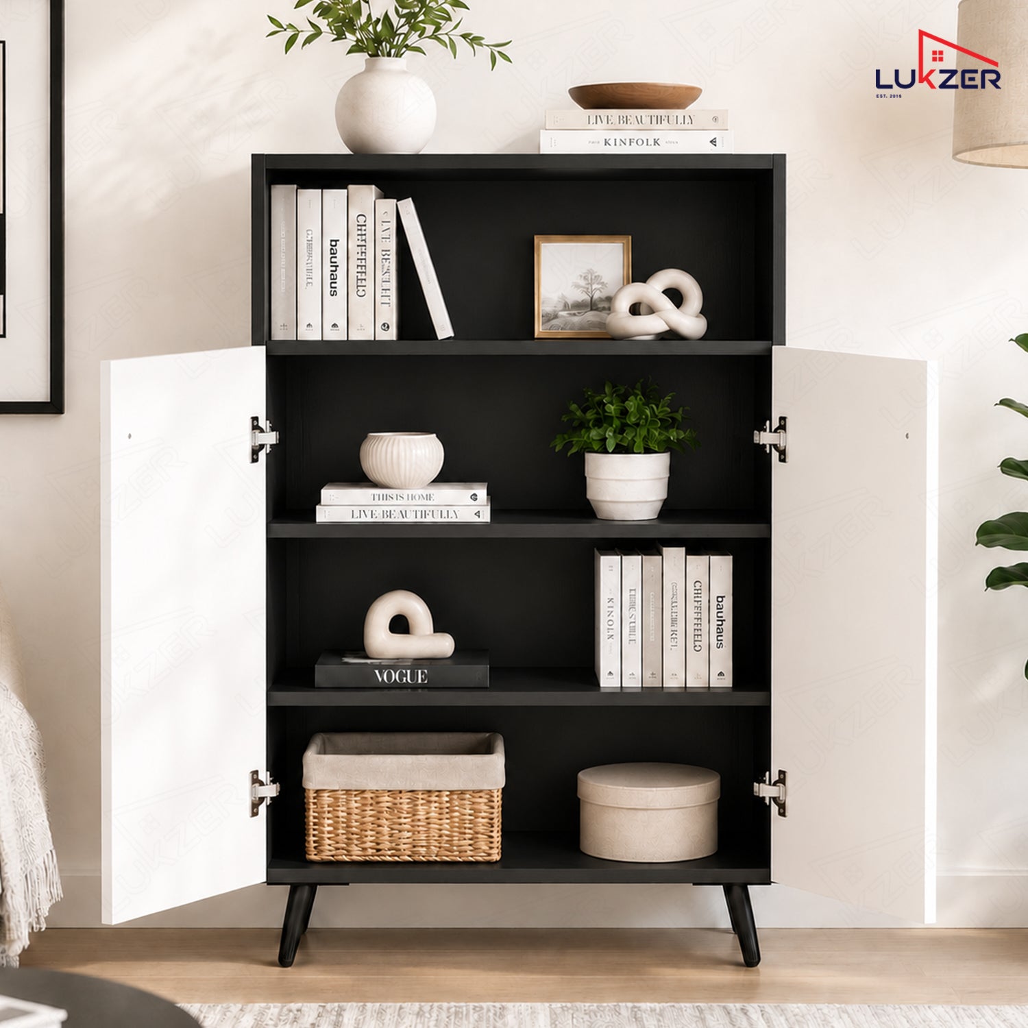 Lukzer Wooden Book Shelf & Storage Cabinet with White Doors (MR-034/Black)