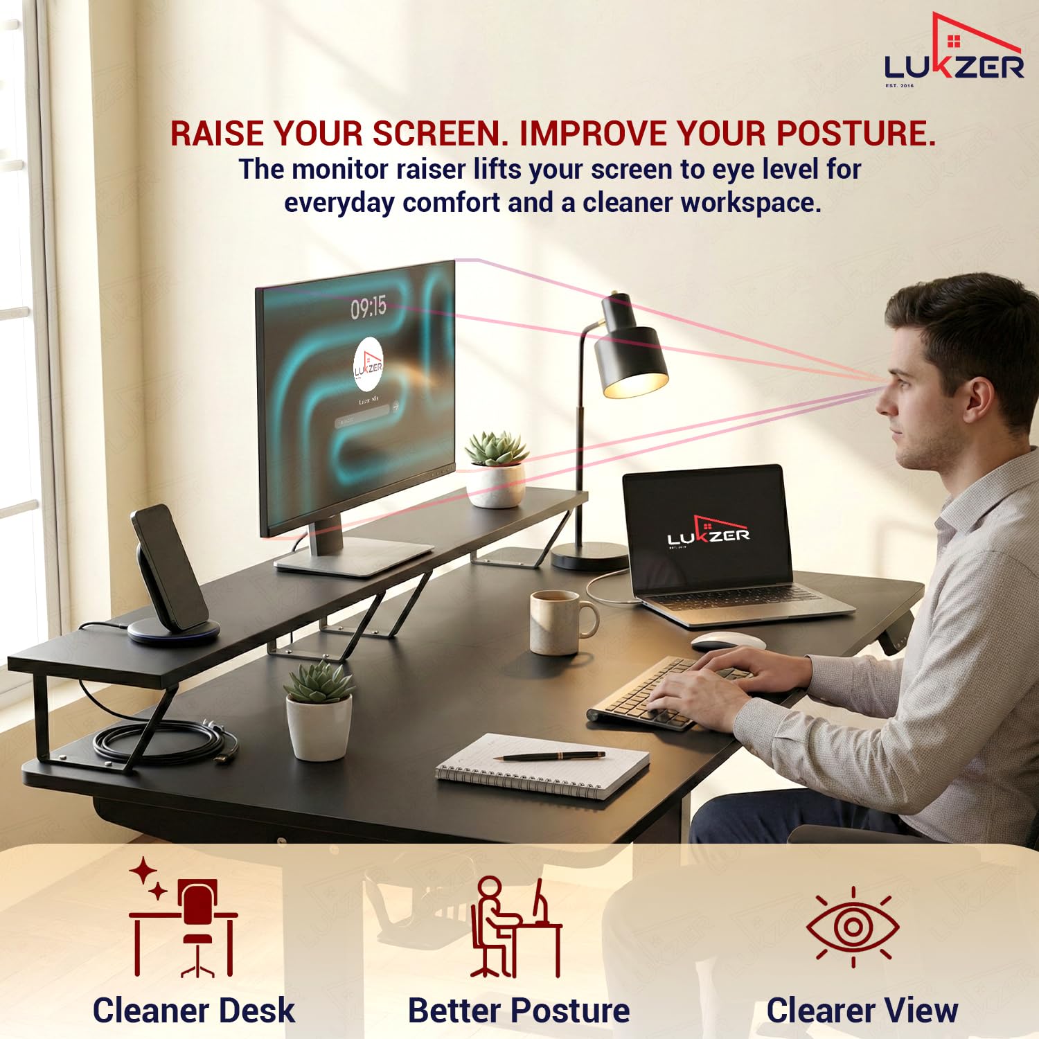 Lukzer Electric Height Adjustable Desk with Monitor Riser USB & Type-C Sit-Stand Table (EST-004-UC/Black & Black) 3-Years Warranty