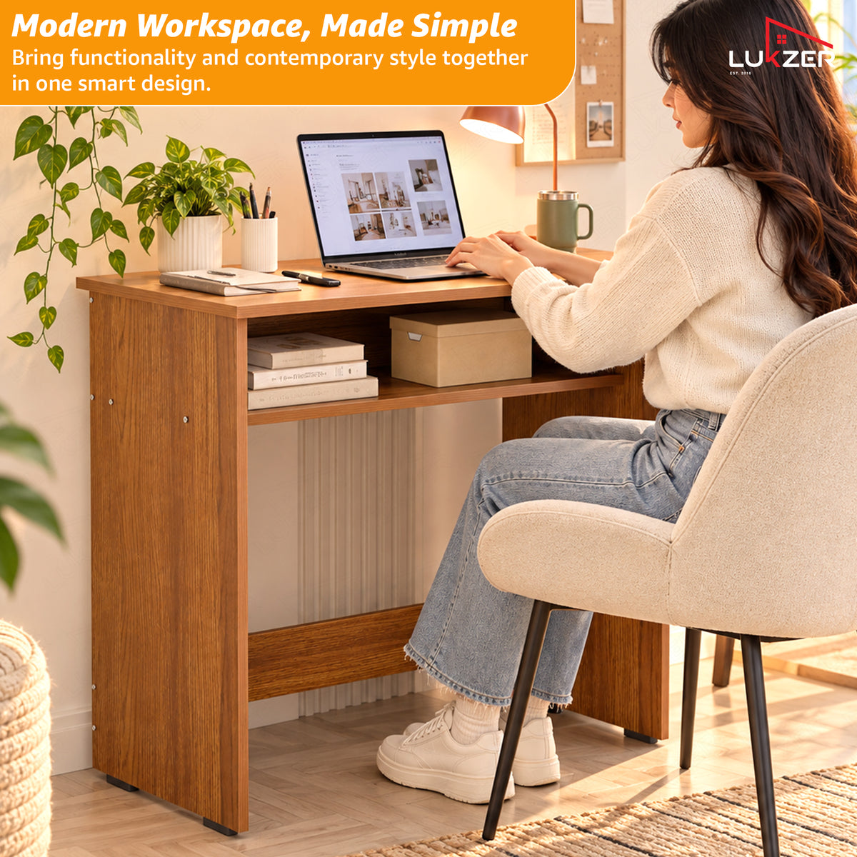 Lukzer Engineered Wood Study Table with Bookshelf (ST-002/Oak Brown)