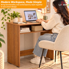 Lukzer Engineered Wood Study Table with Bookshelf (ST-002/Oak Brown)