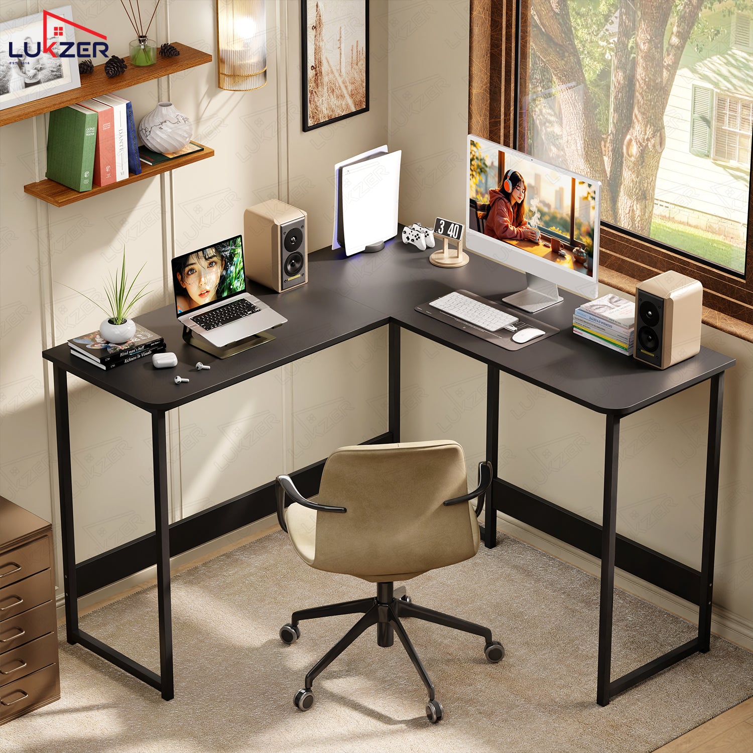 Lukzer Engineered Wood L-Shaped Corner Study and Computer Table for Home or Office (MST-007) Black & Black