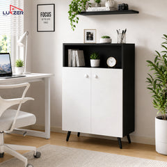 Lukzer Wooden Book Shelf & Storage Cabinet with White Doors (MR-034/Black)