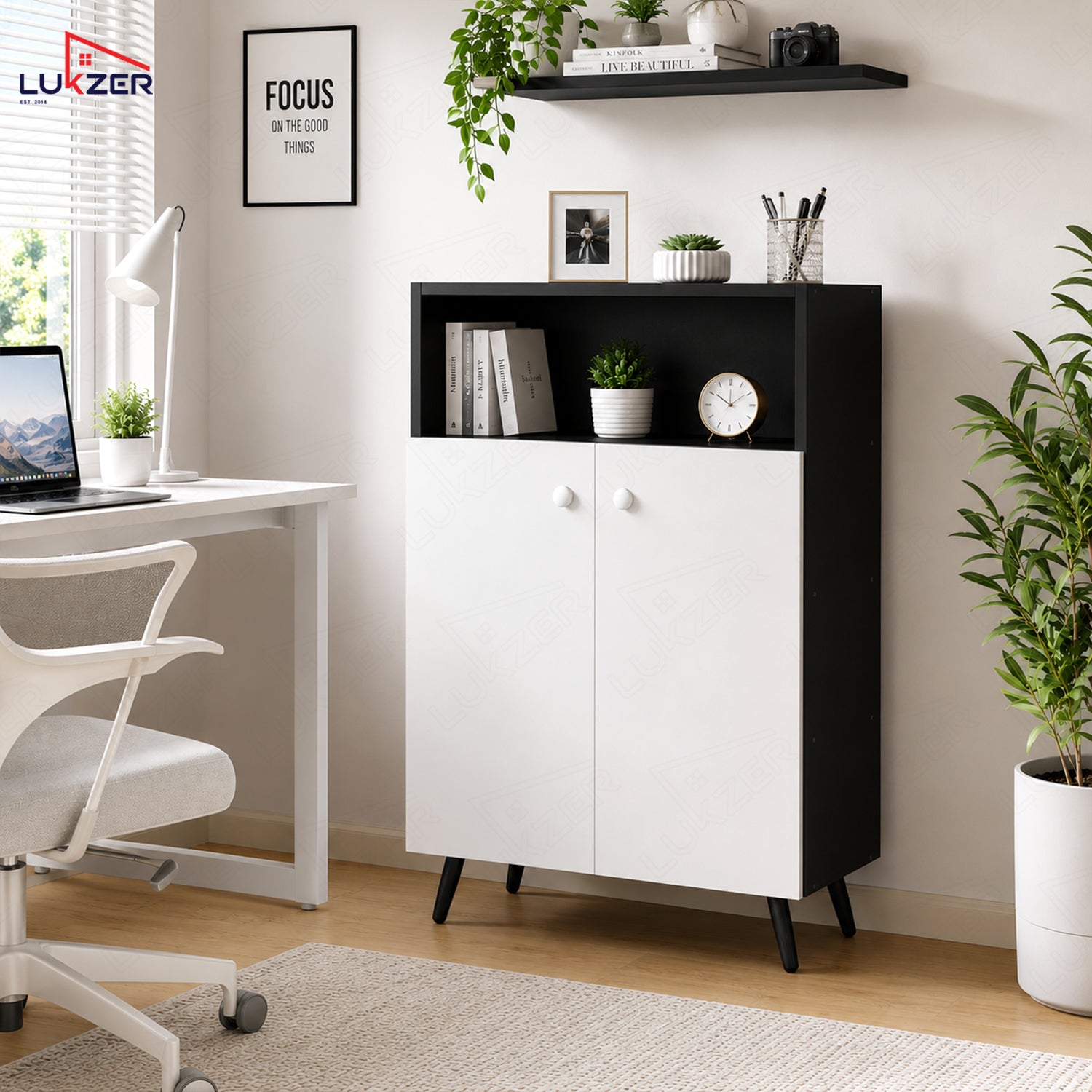 Lukzer Wooden Book Shelf & Storage Cabinet with White Doors (MR-034/Black)