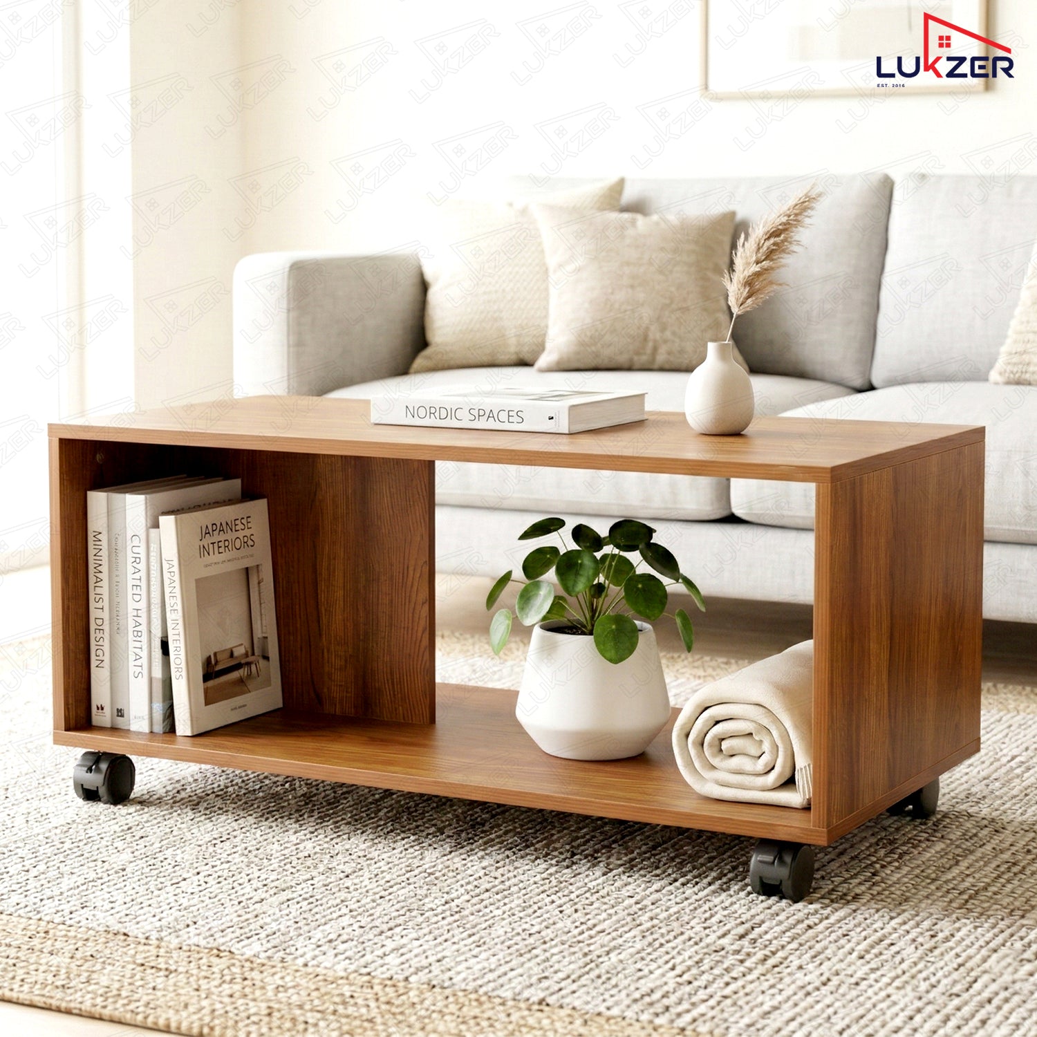Lukzer Engineered Wood Center Table with Wheels Open Storage Desk (CT-003/Oak Brown)