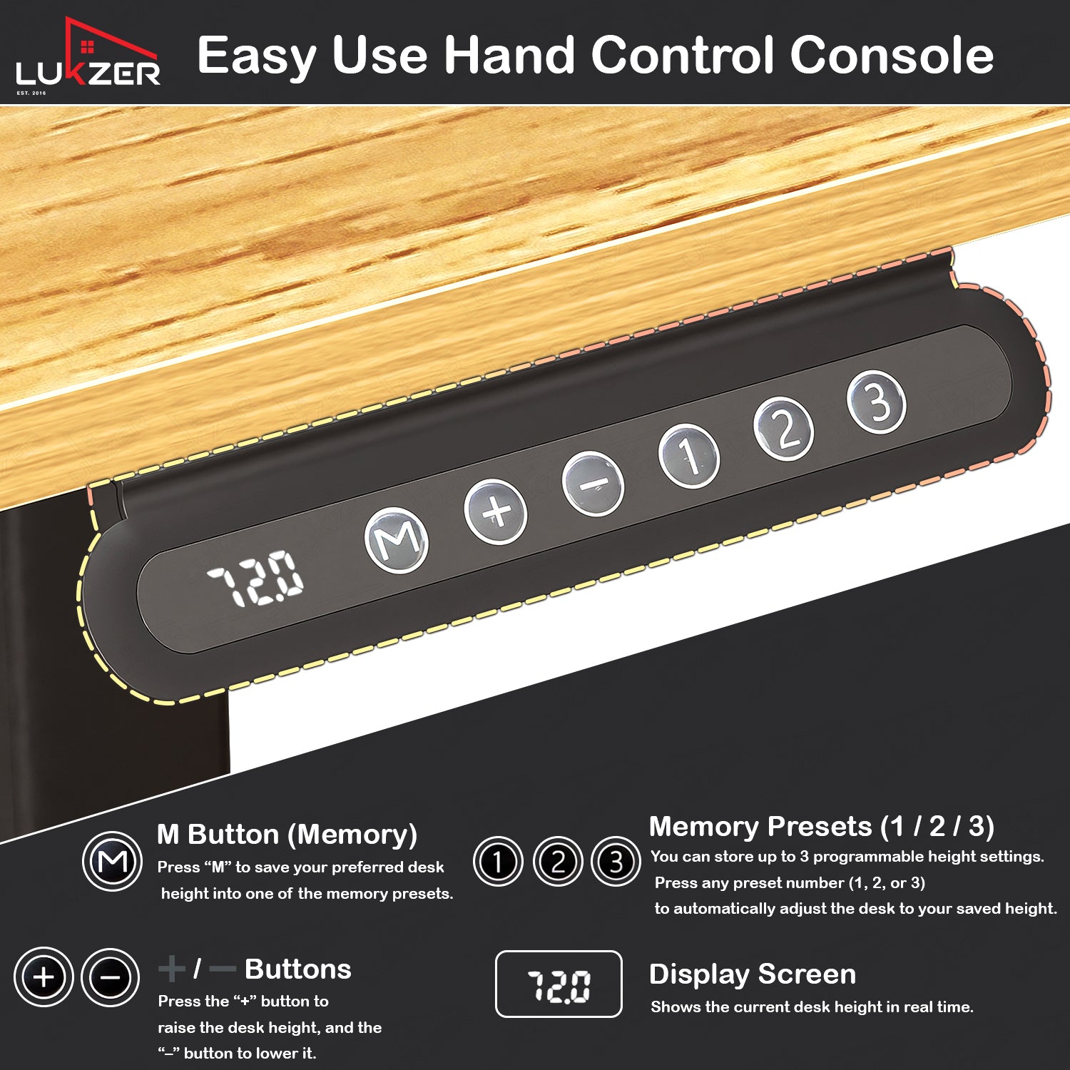 Lukzer Electric Automatic Height Adjustable Sit Stand Desk EST-003 ( Black & Oak Light )