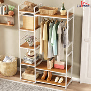 Lukzer Heavy Duty Garment Rack with 8 Shelves & Hanging Rod (MMR-004/White & Oak Brown)