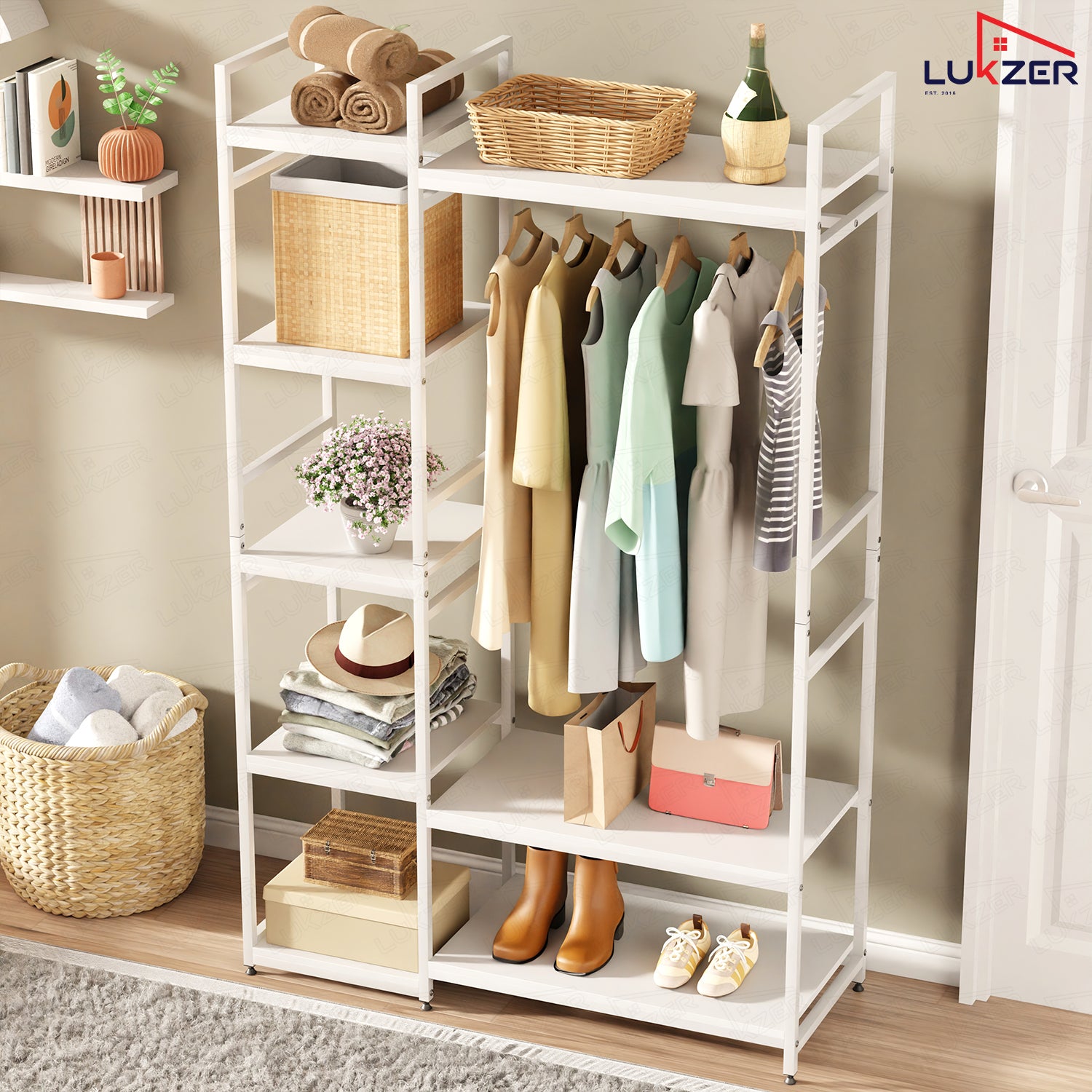 Lukzer Heavy Duty Garment Rack with 8 Shelves & Hanging Rod (MMR-004/White & White)