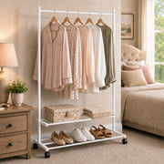 Lukzer Single Rod Metal Garment Rack with Wheels & 2 Bottom Shelves (White)
