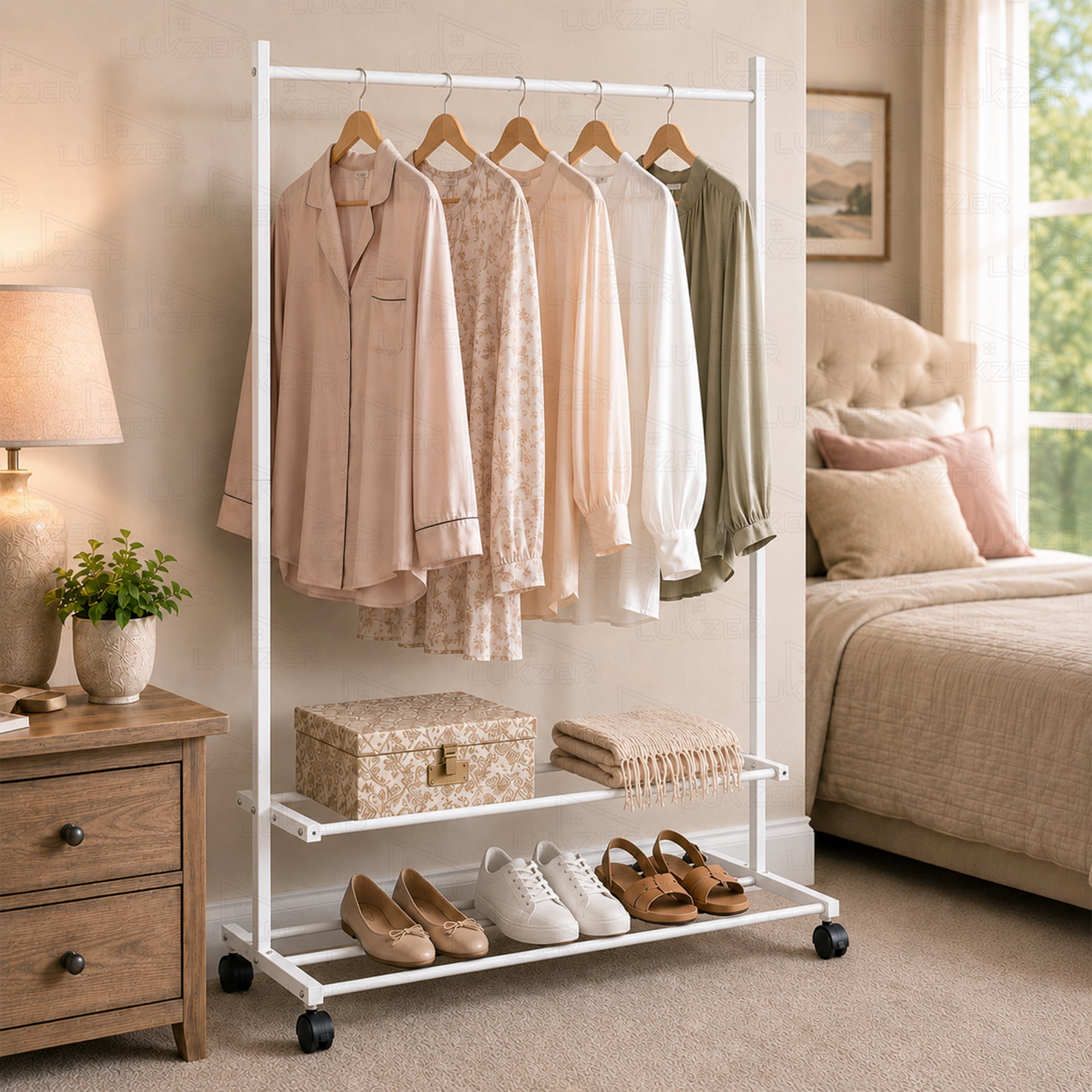 Lukzer Single Rod Metal Garment Rack with Wheels & 2 Bottom Shelves (White)