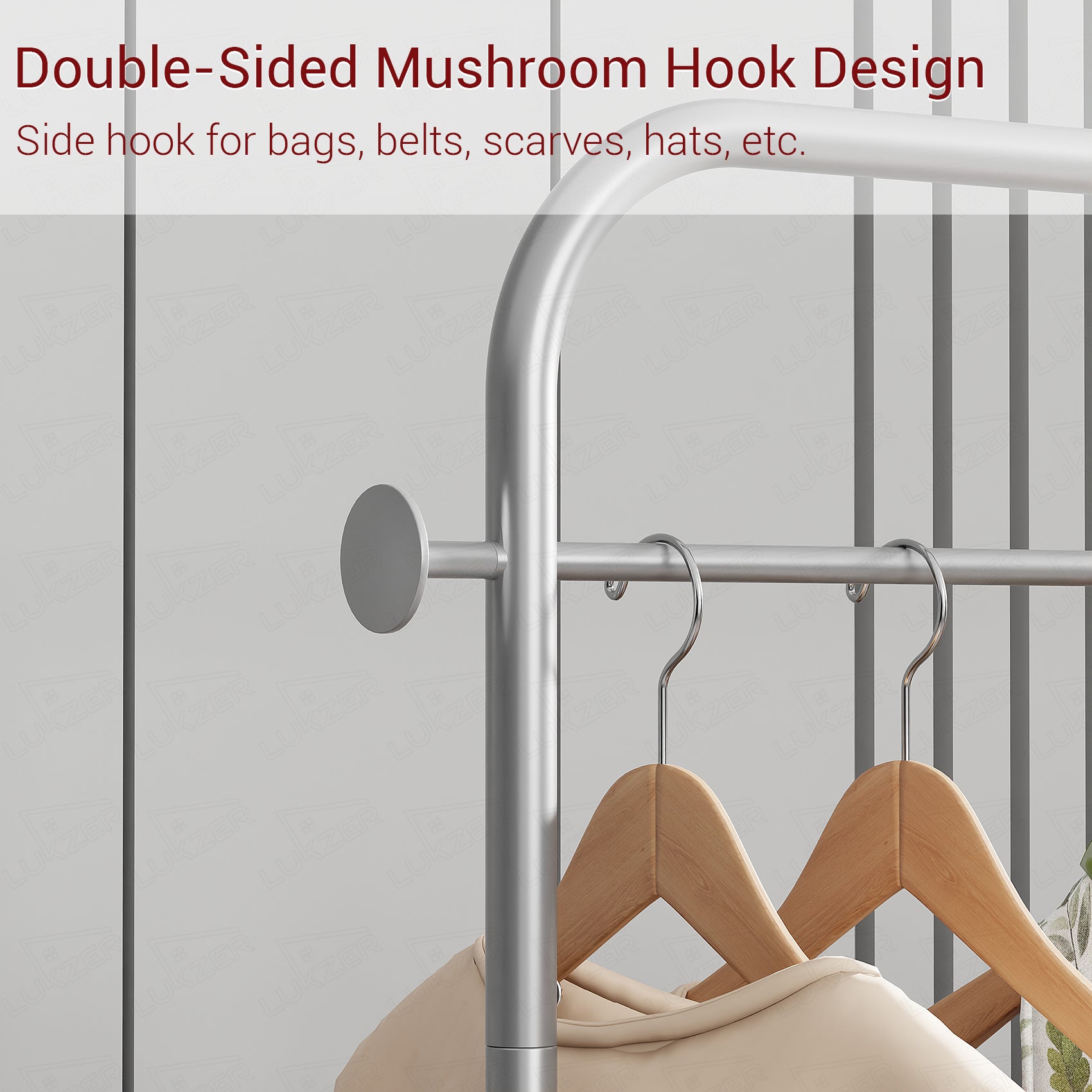 Lukzer Metal Clothes Rail Stand with 4 Side Hooks &amp; 1-Tier Leather Storage Bin, 360° Rotating Wheels | Garment Rack Organizer for Bedroom, Closet, Dorm, Laundry | MGR-009 (171 x 75 x 35)