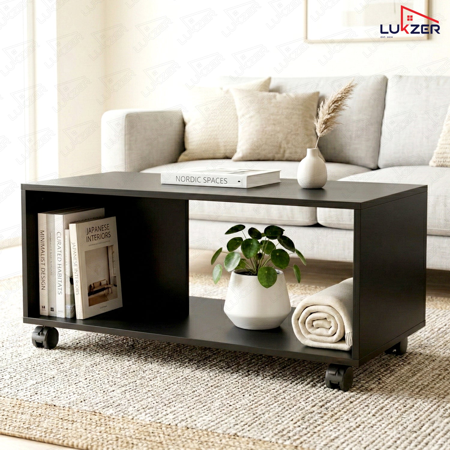 Lukzer Engineered Wood Center Table with Wheels Open Storage Desk (CT-003/Black)