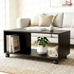 Lukzer Engineered Wood Center Table with Wheels Open Storage Desk (CT-003/Black)