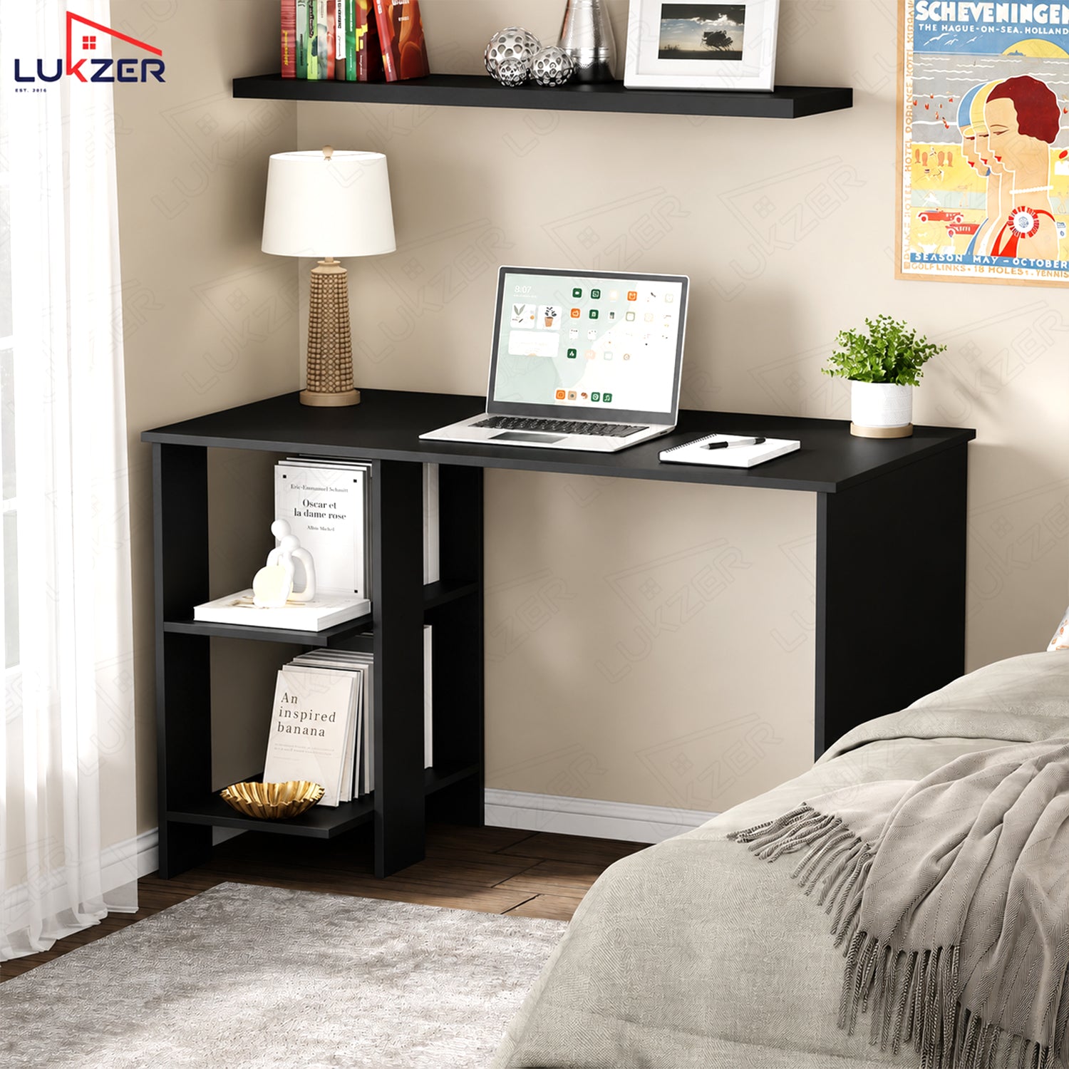 Lukzer Engineered Wood Study & Computer Table Office Desk with Bookshelf (ST-007/Black)