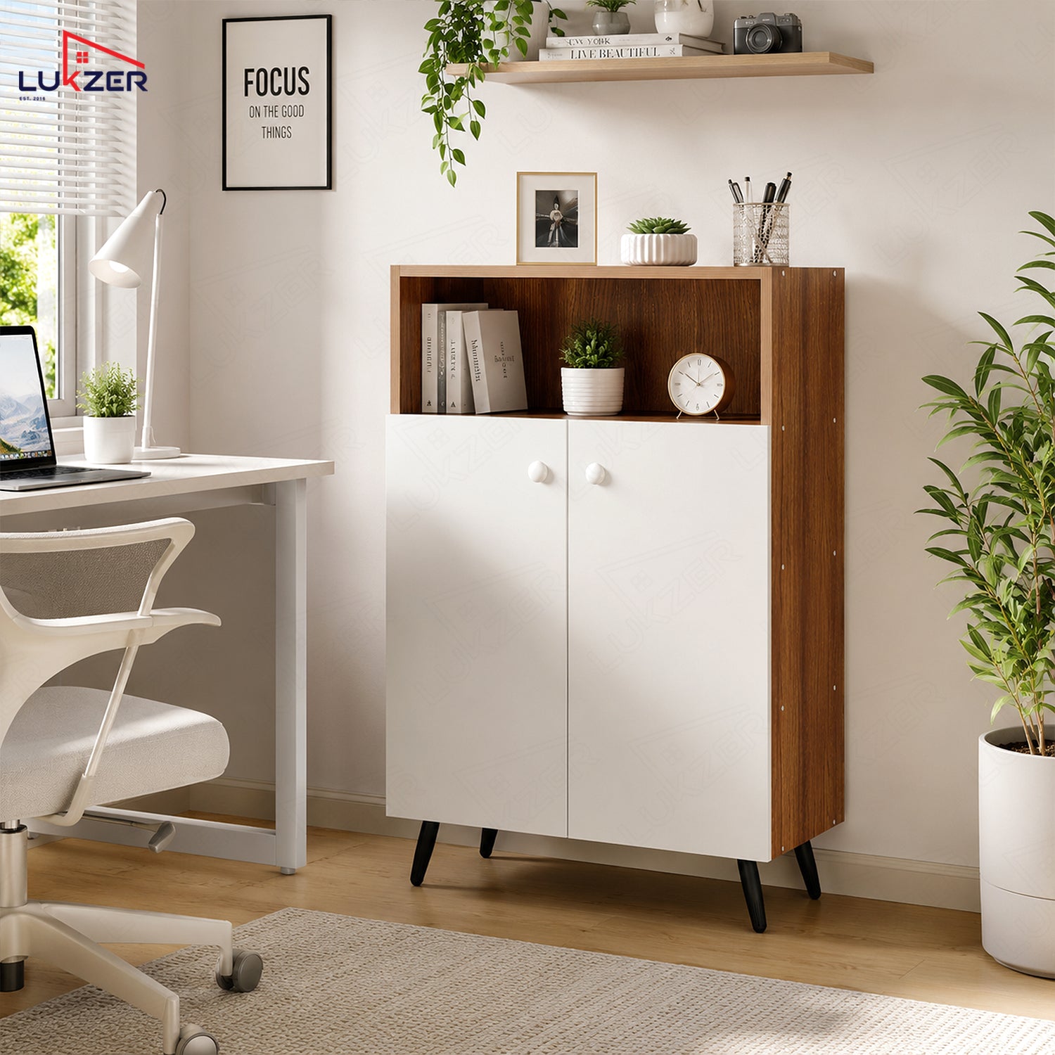 Lukzer Wooden Book Shelf & Storage Cabinet with White Doors (MR-034/Oak Brown)