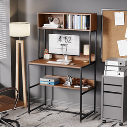 Lukzer Modern Study Table with Open Bookshelf & Hutch (MST-010/Black & Oak Brown)