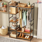 Lukzer Heavy Duty Garment Rack with 8 Shelves & Hanging Rod (MMR-004/Black & Oak Brown)