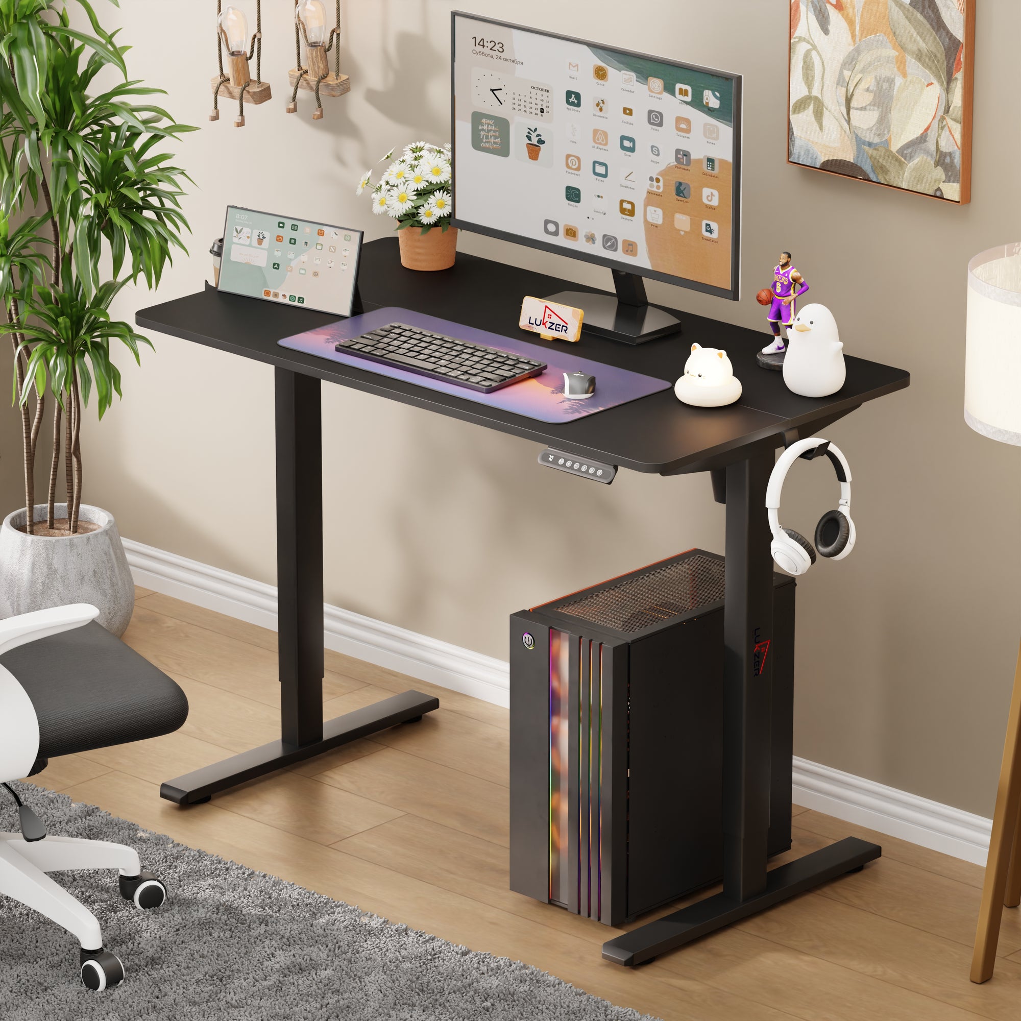Lukzer Electric Automatic Height Adjustable Sit Stand Desk for Home &amp; Office | EST - 003 | (Black &amp; Oak Brown/Black &amp; Light Oak/Black &amp; Black/White &amp; White/White &amp; Oak Light/White &amp; Oak Brown)