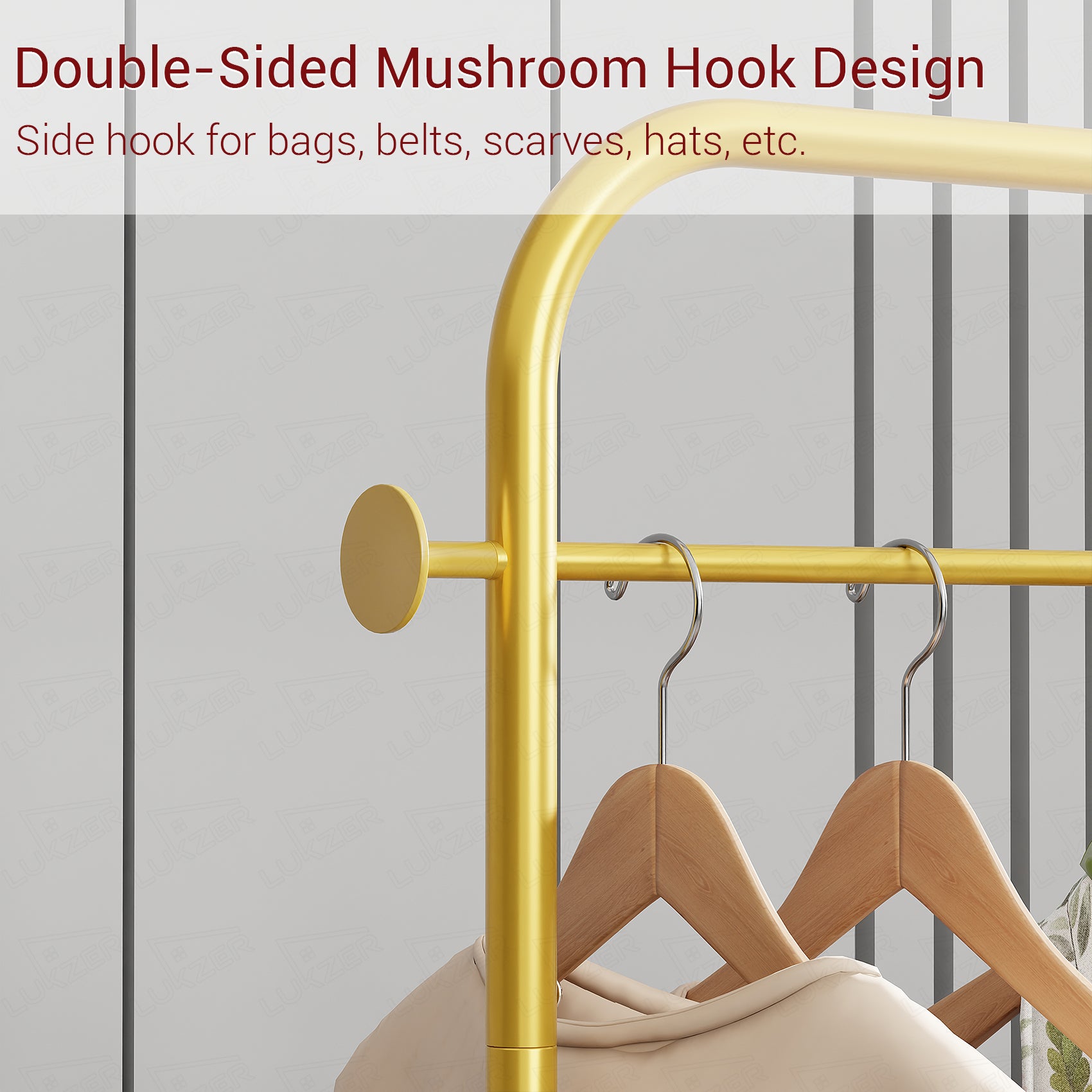 Lukzer Metal Clothes Rail Stand with 4 Side Hooks &amp; 1-Tier Leather Storage Bin, 360° Rotating Wheels | Garment Rack Organizer for Bedroom, Closet, Dorm, Laundry | MGR-009 (171 x 75 x 35)