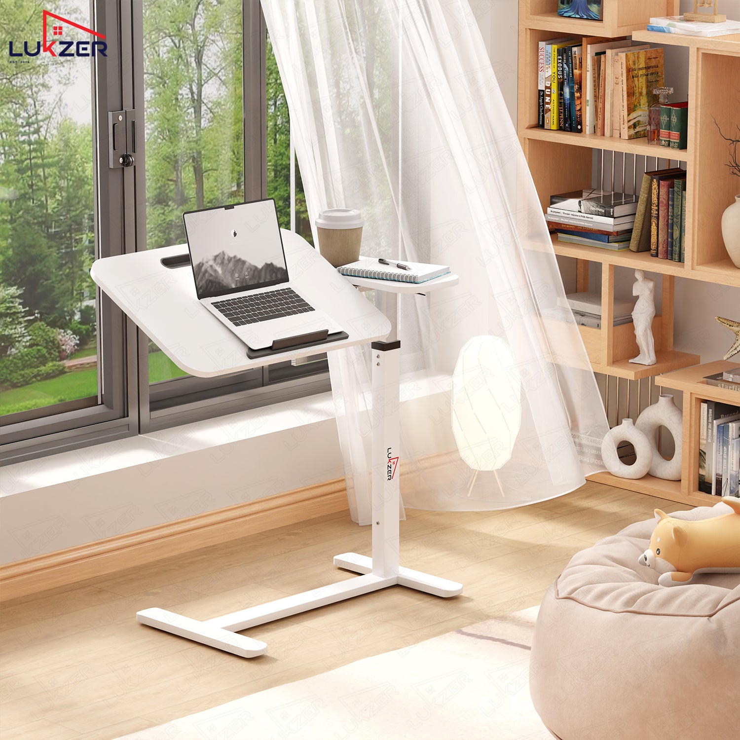 Lukzer Adjustable Overbed Study Table with Tilt Top, Cupholder & Wheels (MST-003/White & White)
