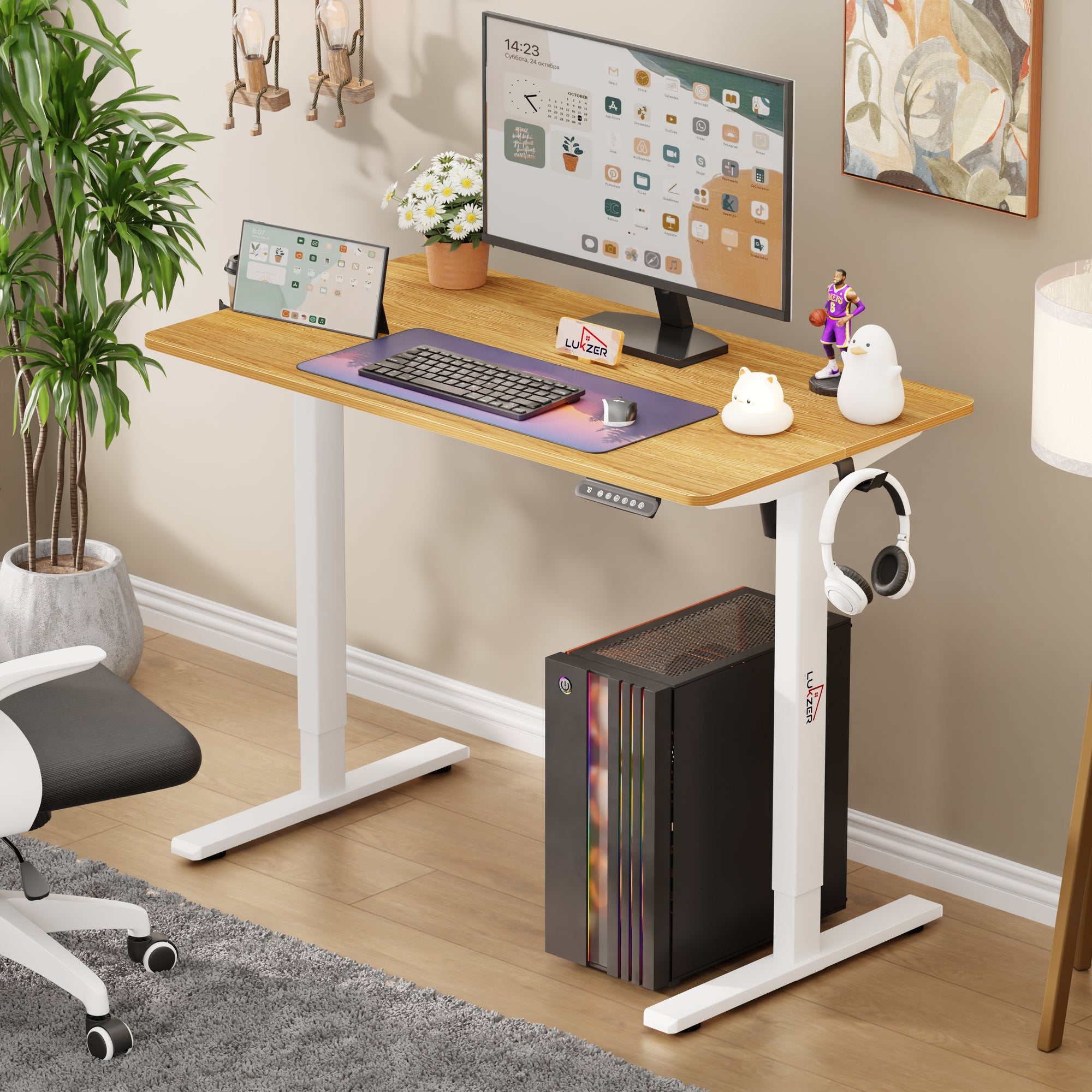 Lukzer Electric Automatic Height Adjustable Sit Stand Desk for Home &amp; Office | EST - 003 | (Black &amp; Oak Brown/Black &amp; Light Oak/Black &amp; Black/White &amp; White/White &amp; Oak Light/White &amp; Oak Brown)