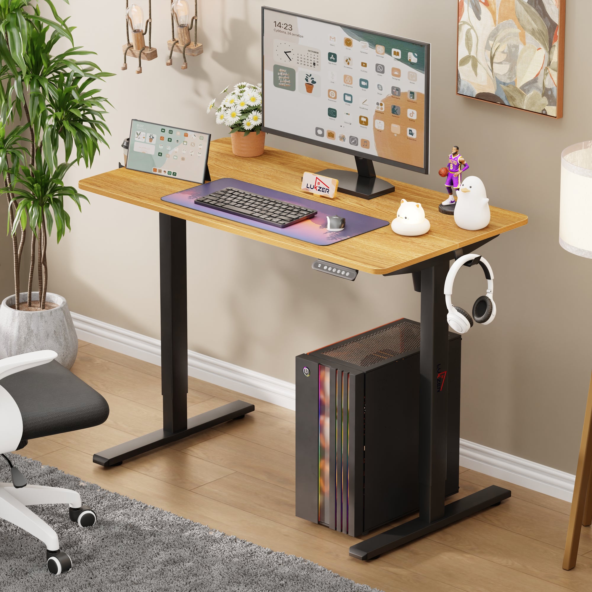 Lukzer Electric Automatic Height Adjustable Sit Stand Desk for Home &amp; Office | EST - 003 | (Black &amp; Oak Brown/Black &amp; Light Oak/Black &amp; Black/White &amp; White/White &amp; Oak Light/White &amp; Oak Brown)