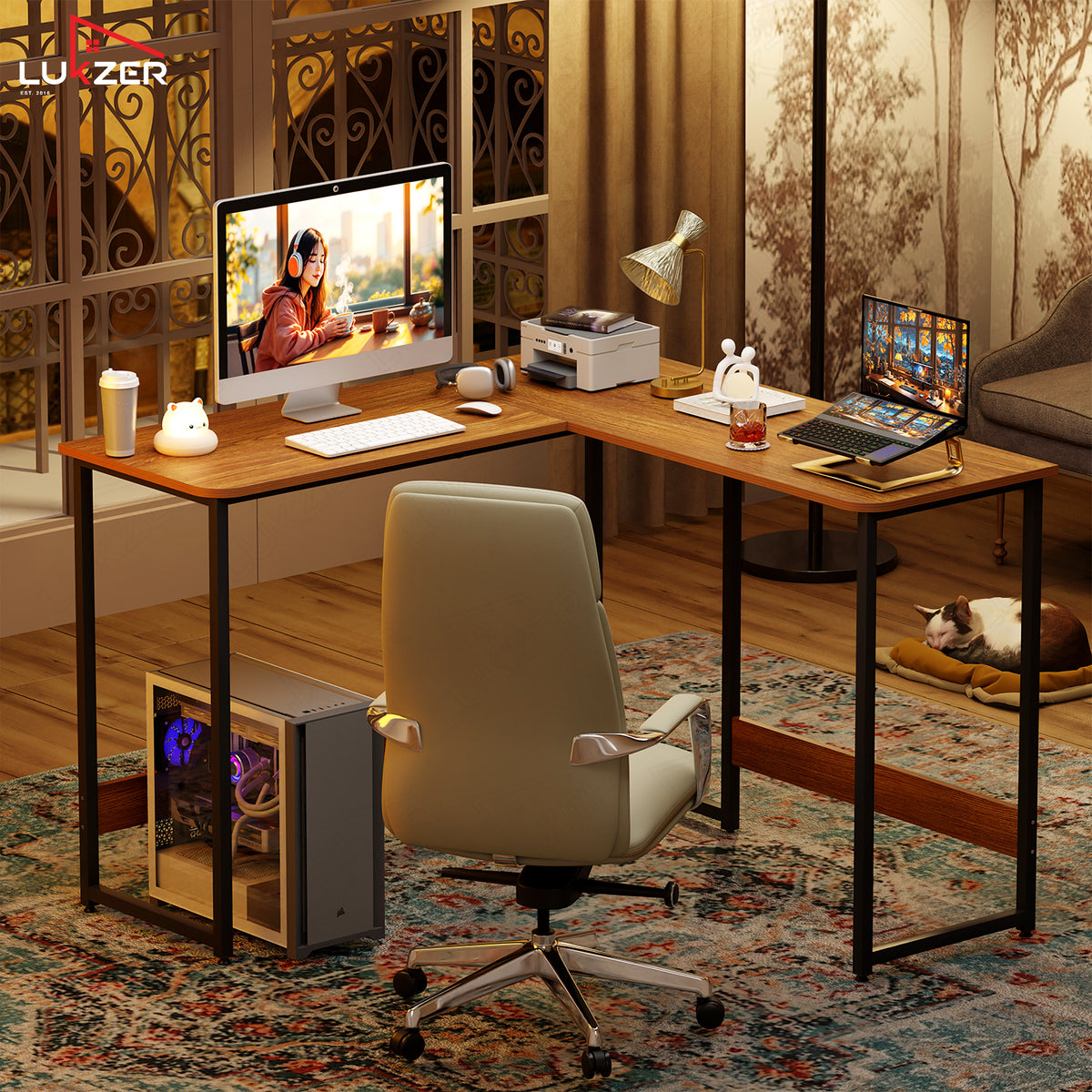 Lukzer Engineered Wood L-Shaped Corner Study and Computer Table for Home or Office (MST-007) Black & Oak Brown