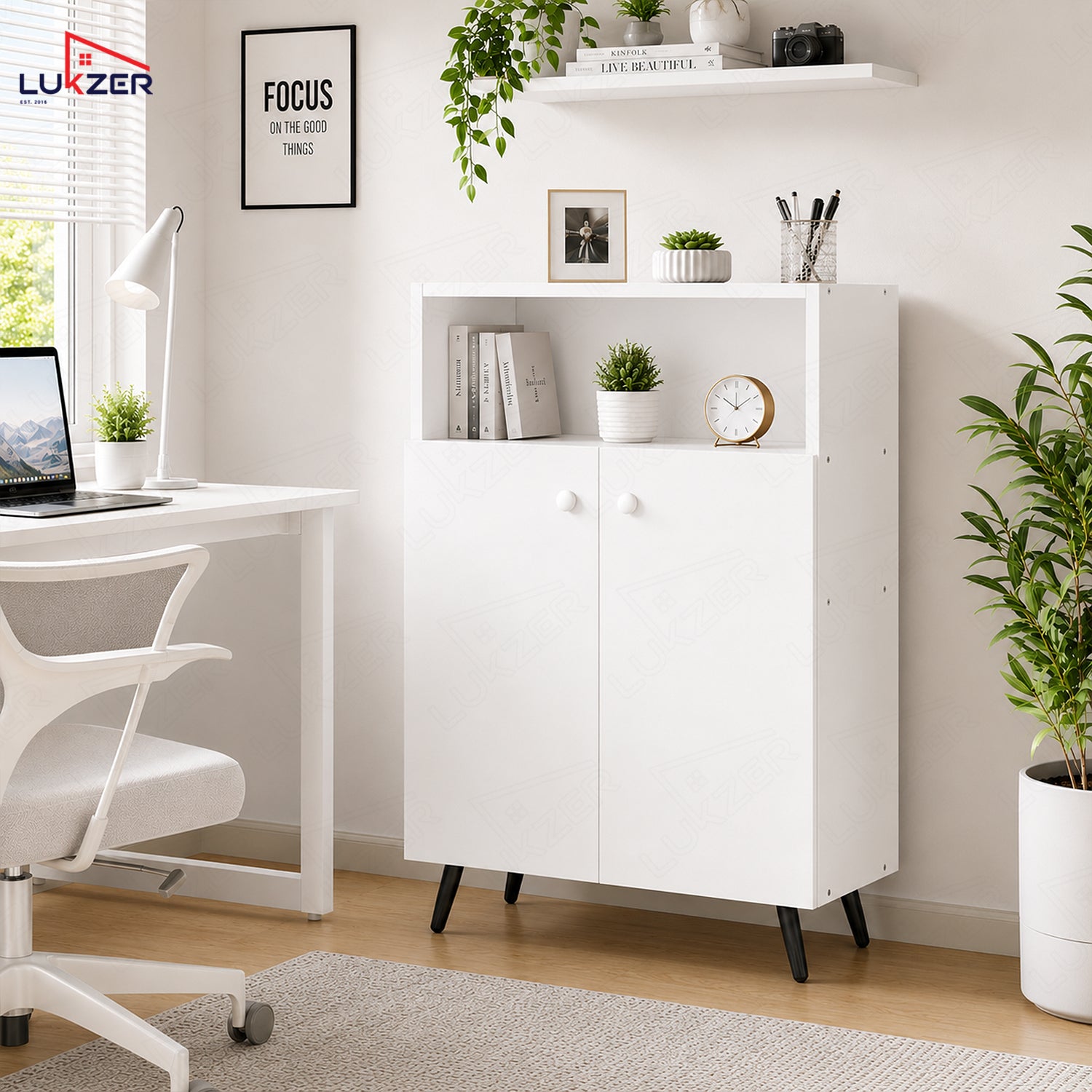 Lukzer Wooden Book Shelf & Storage Cabinet with White Doors (MR-034/White)