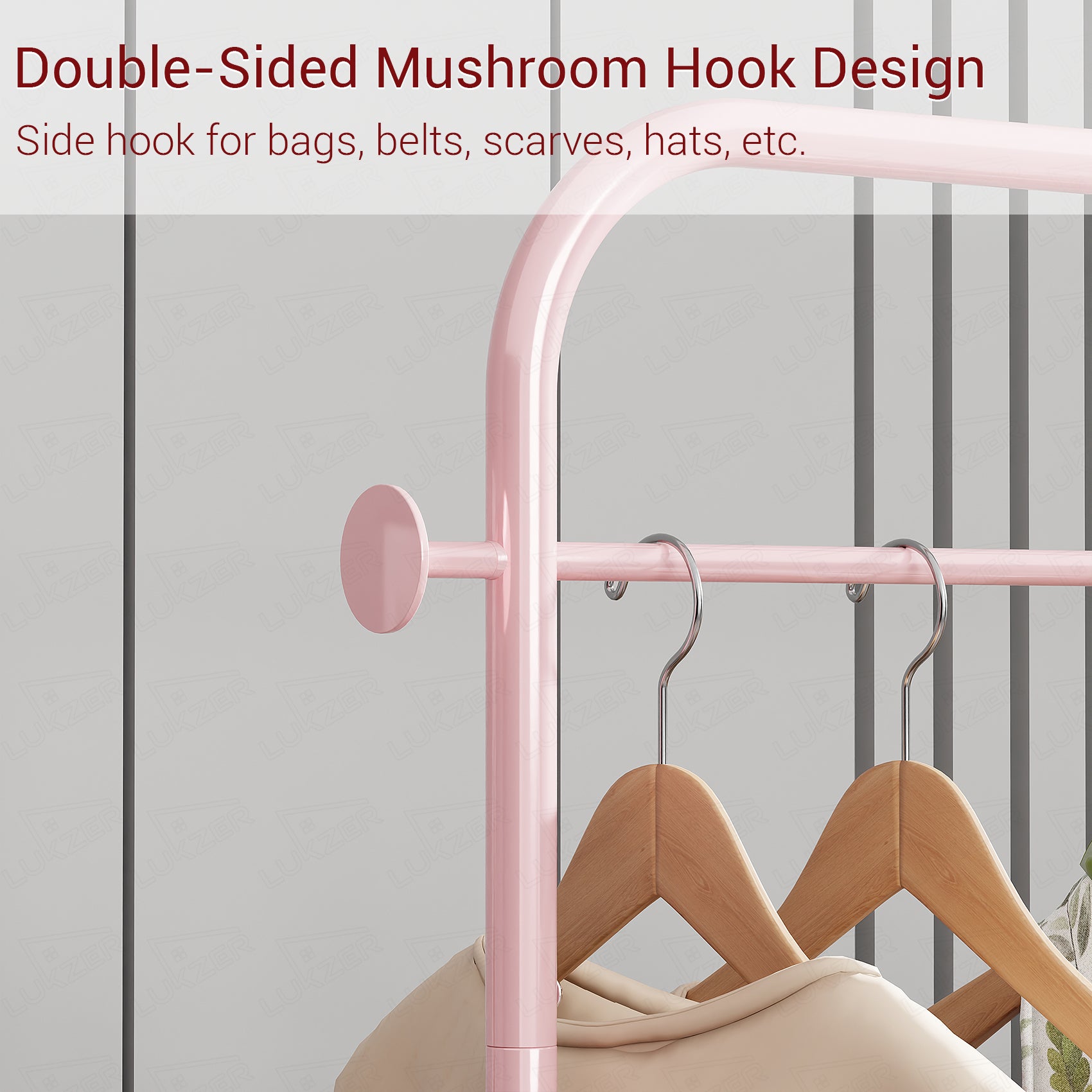 Lukzer Metal Clothes Rail Stand with 4 Side Hooks &amp; 1-Tier Leather Storage Bin, 360° Rotating Wheels | Garment Rack Organizer for Bedroom, Closet, Dorm, Laundry | MGR-009 (171 x 75 x 35)