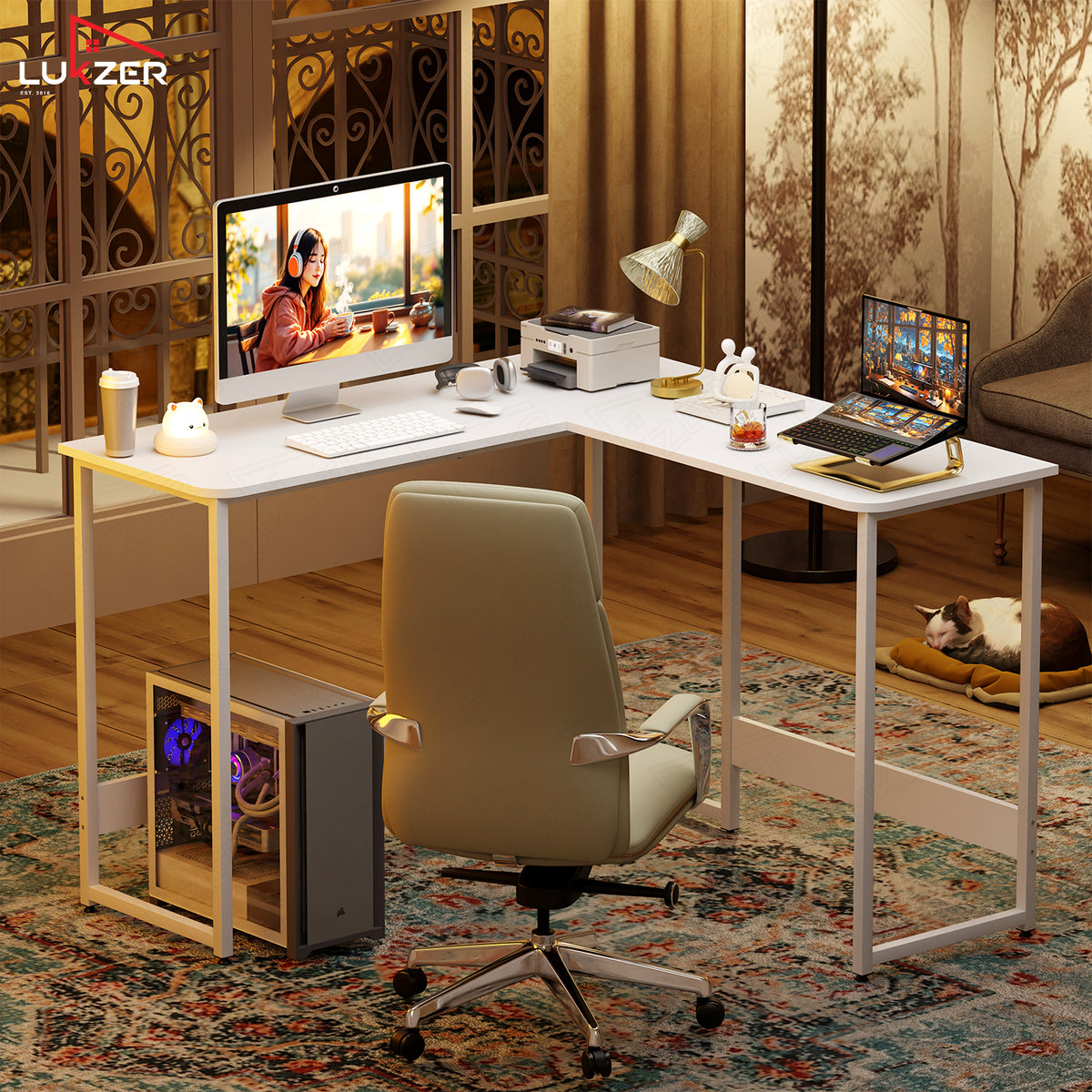 Lukzer Engineered Wood L-Shaped Corner Study and Computer Table for Home or Office (MST-007) white & white