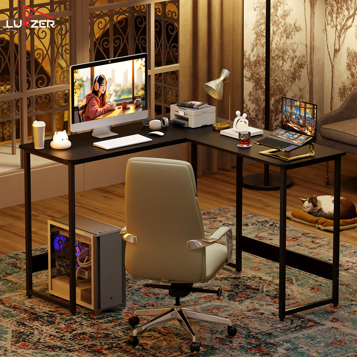 Lukzer Engineered Wood L-Shaped Corner Study and Computer Table for Home or Office (MST-007) Black & Black