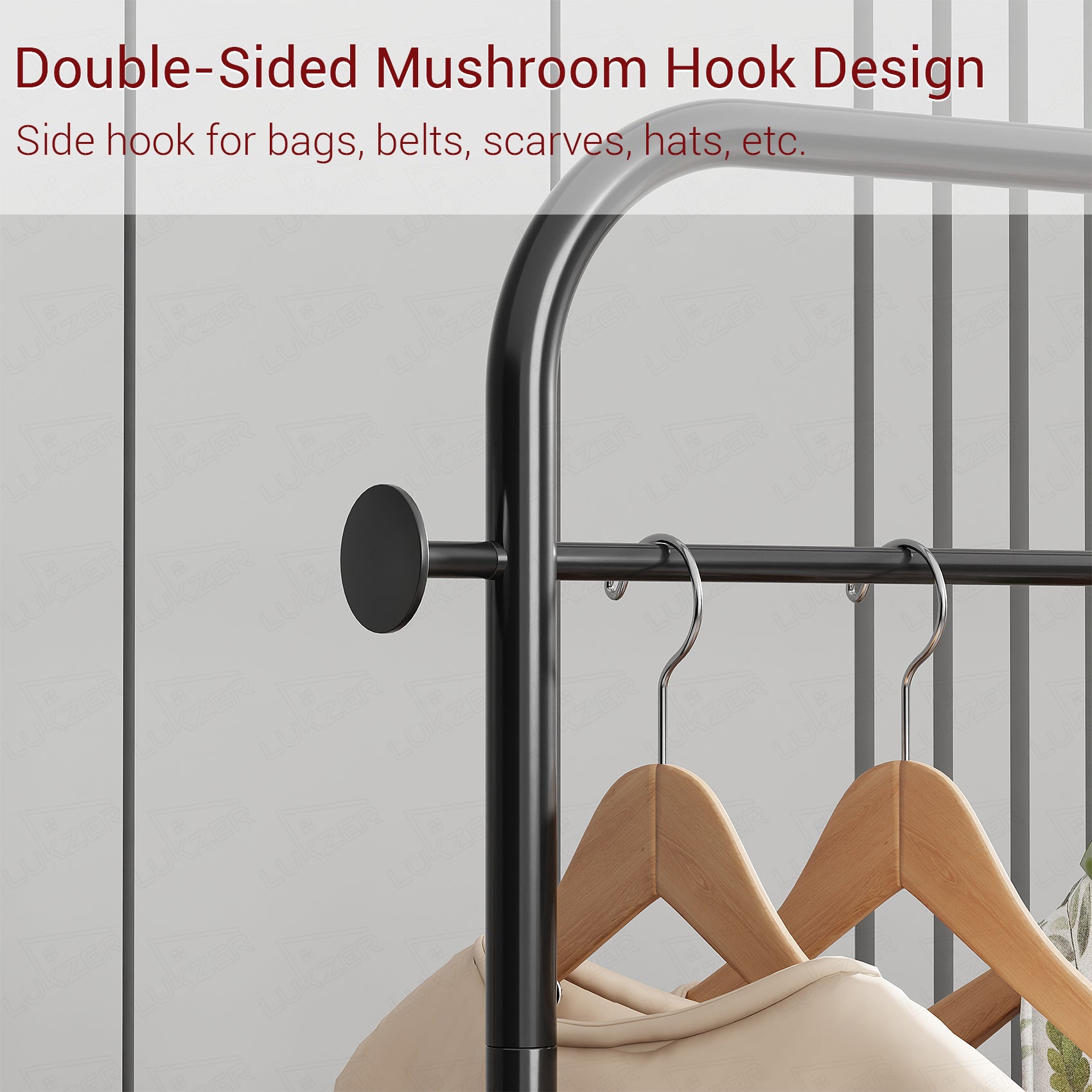 Lukzer Metal Clothes Rail Stand with 4 Side Hooks &amp; 1-Tier Leather Storage Bin, 360° Rotating Wheels | Garment Rack Organizer for Bedroom, Closet, Dorm, Laundry | MGR-009 (171 x 75 x 35)