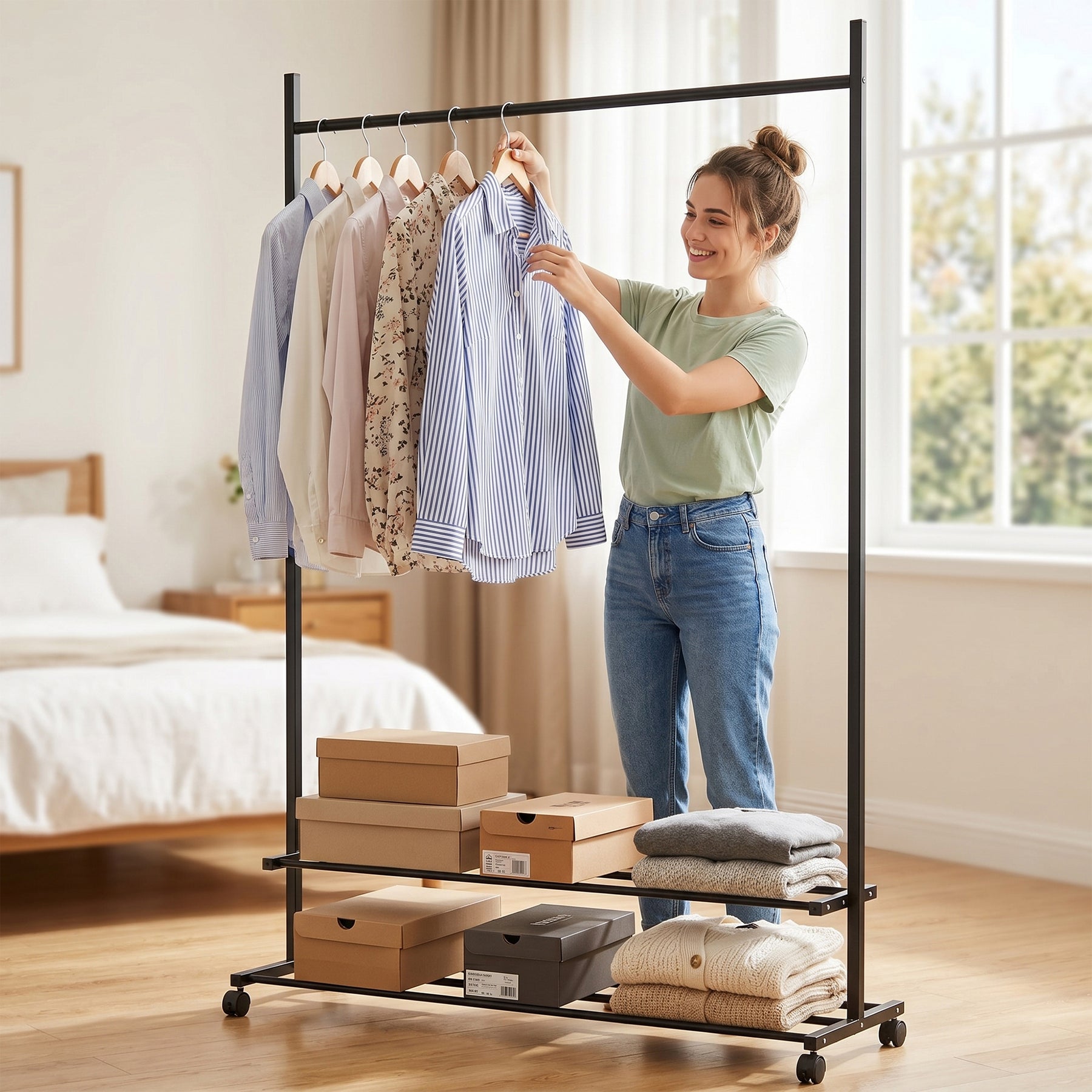 Lukzer Single Rod Metal Garment Rack with Wheels & 2 Bottom Shelves (Black)