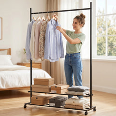 Lukzer Single Rod Metal Garment Rack with Wheels & 2 Bottom Shelves (Black)